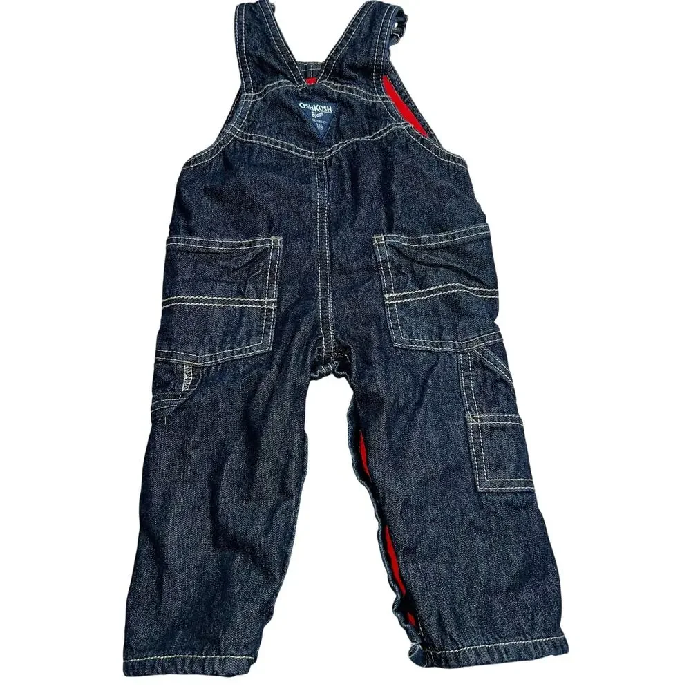 Oshkosh B'gosh 9M dark washed denim red fleece lined Blue carpenter Overalls